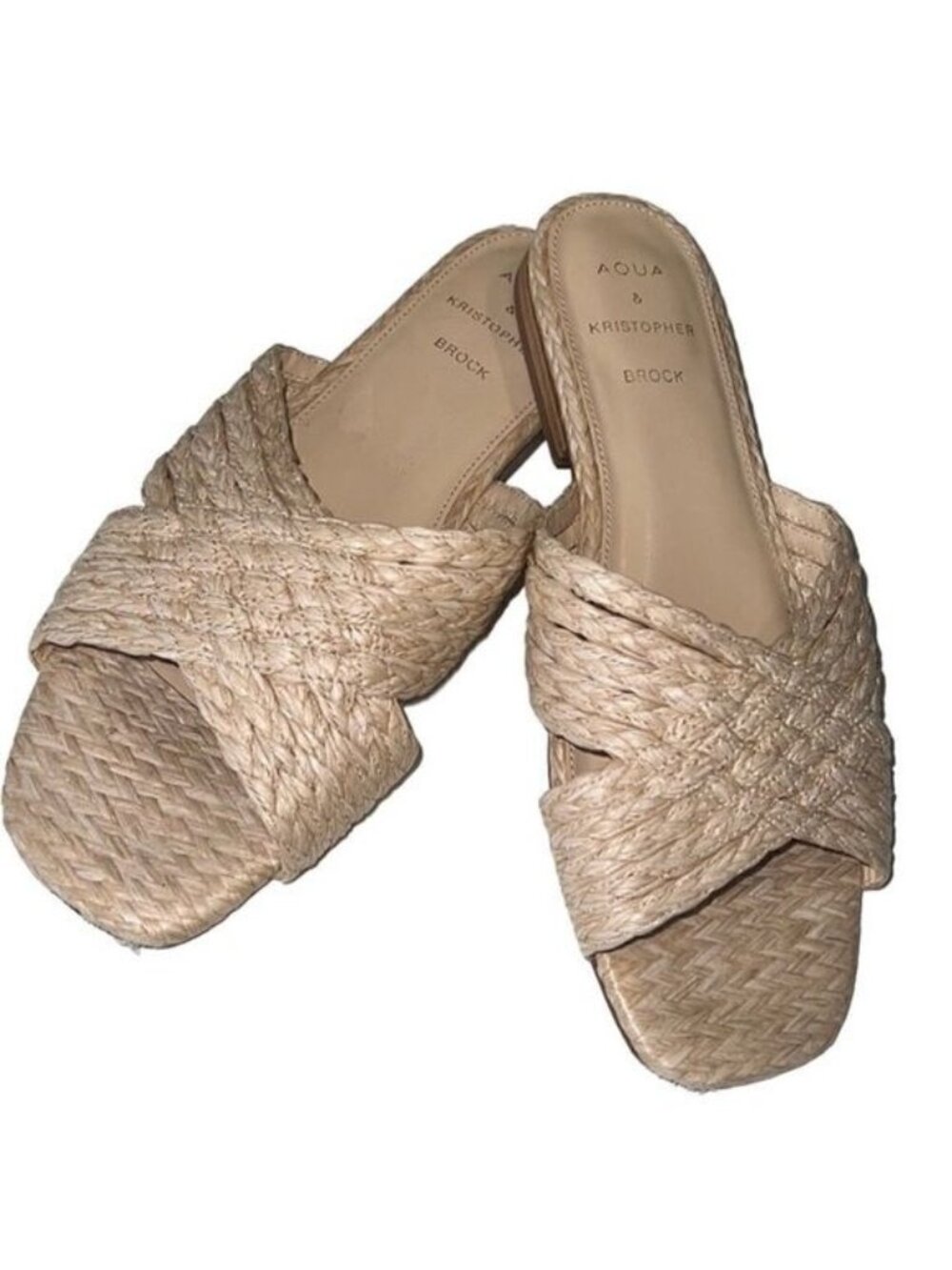 Aqua & Kristopher Brock Kriz Square Toe Ivory Raffia Slip On Sandals Size 9.5